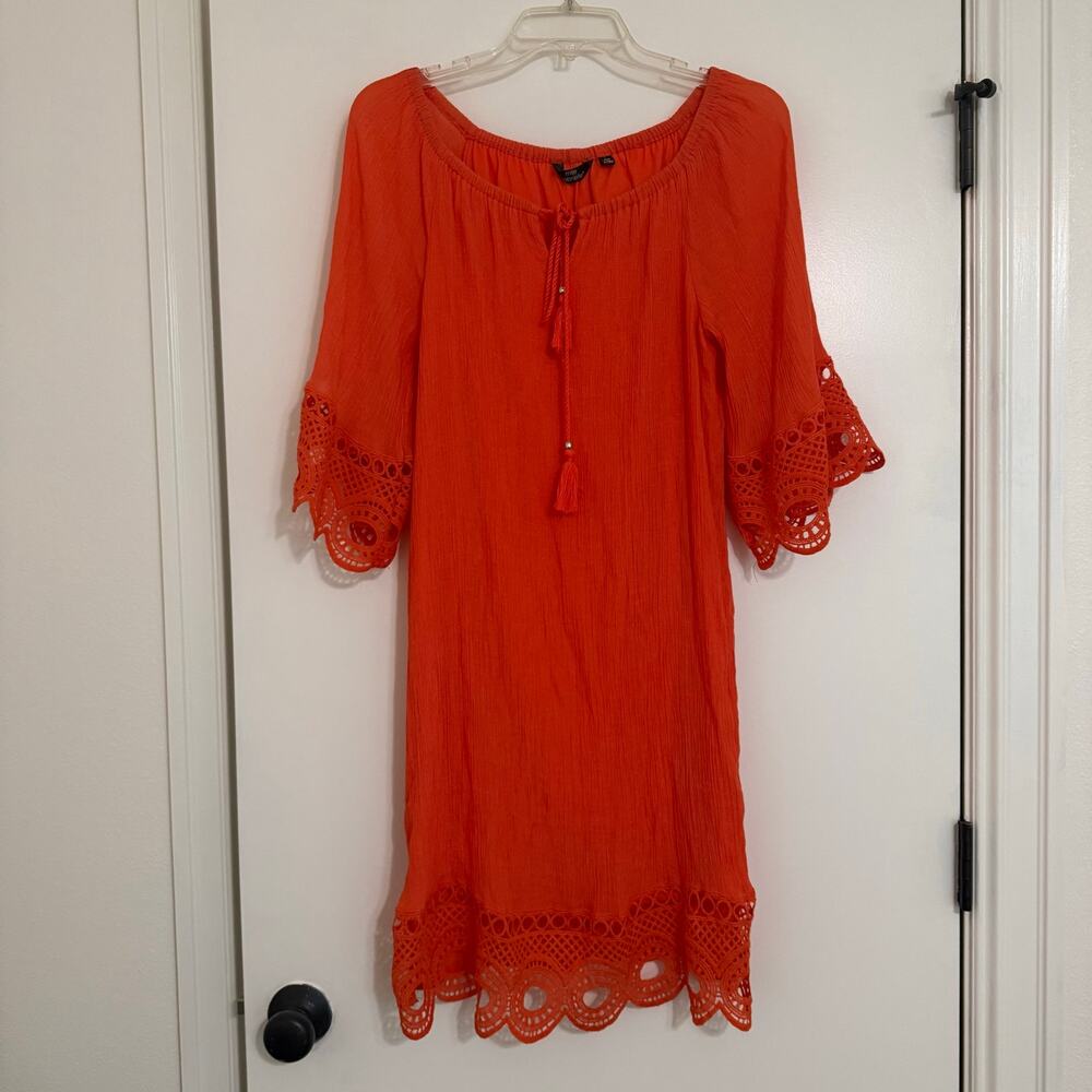 Mlle Gabrielle Orange Crochet Lace Trim Eyelet Dress Womens Small EUC